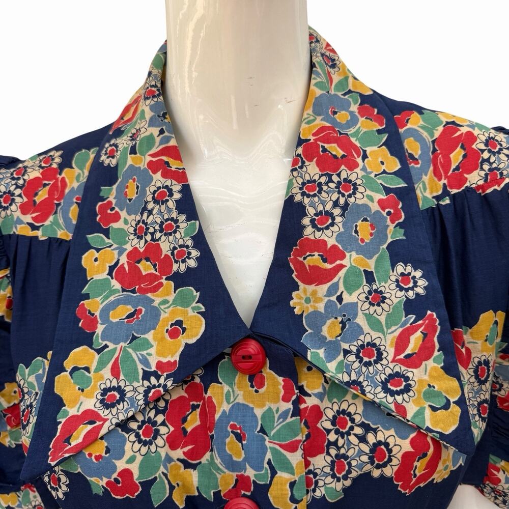 VTG 1940’s Extreme Puff Sleeve Maxi Dress Cotton Border Print Dagger Collar, L - Picture 4 of 14